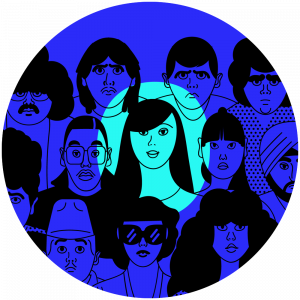 Illustration of a diverse crowd of people looking toward the viewer in a circular blue frame.