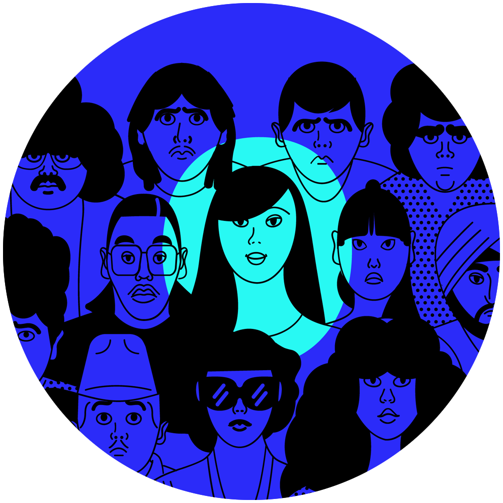 Illustration of a diverse crowd of people looking toward the viewer in a circular blue frame.