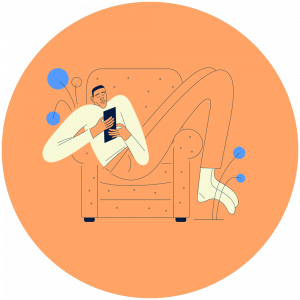Person relaxing on a couch while reading a tablet, set against an orange circular backdrop.