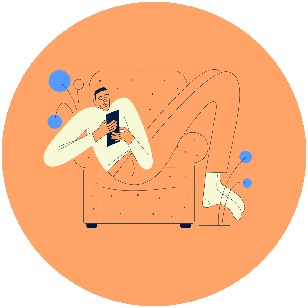 Person relaxing on a couch while reading a tablet, set against an orange circular backdrop.