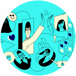 Collage of people and screens conveying teamwork, networking, and digital communication against a turquoise background, showing high fives and chats.