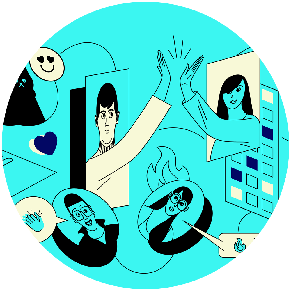 Collage of people and screens conveying teamwork, networking, and digital communication against a turquoise background, showing high fives and chats.