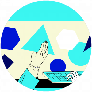 Abstract illustration of hands at a laptop keyboard among colorful geometric shapes, suggesting creativity and design work.