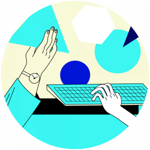 Illustration of a person with a raised hand and another hand typing on a turquoise keyboard, symbolizing teamwork in a desk setup.