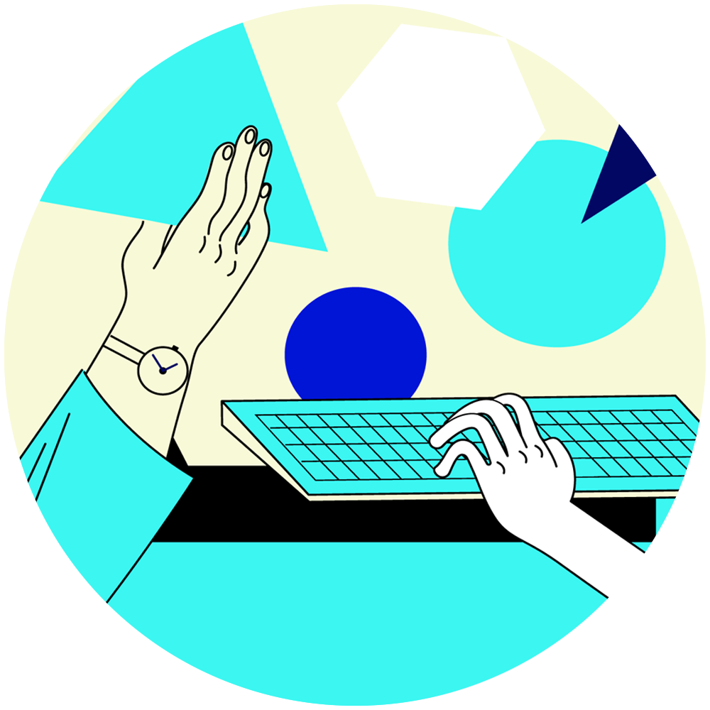 Illustration of a person with a raised hand and another hand typing on a turquoise keyboard, symbolizing teamwork in a desk setup.
